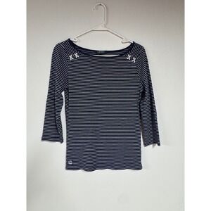 Lauren Ralph Lauren Navy White Striped Boat Neck Top 3/4 Sleeve Small LRL Crest